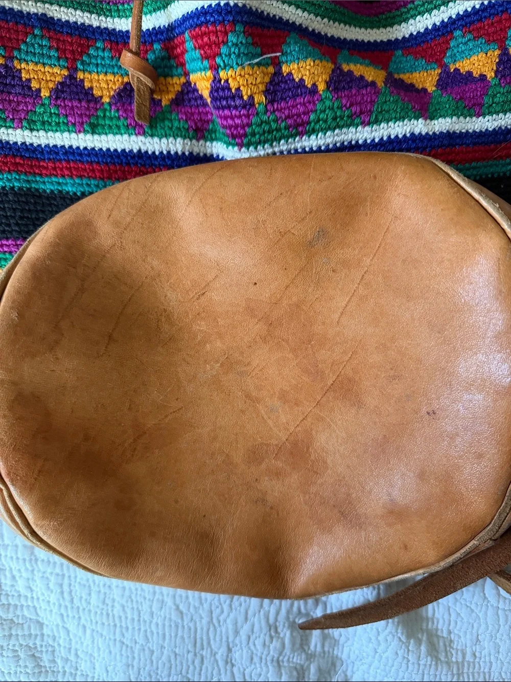 Vintage Boho Crochet Bucket Bag with Tan Leather Trim